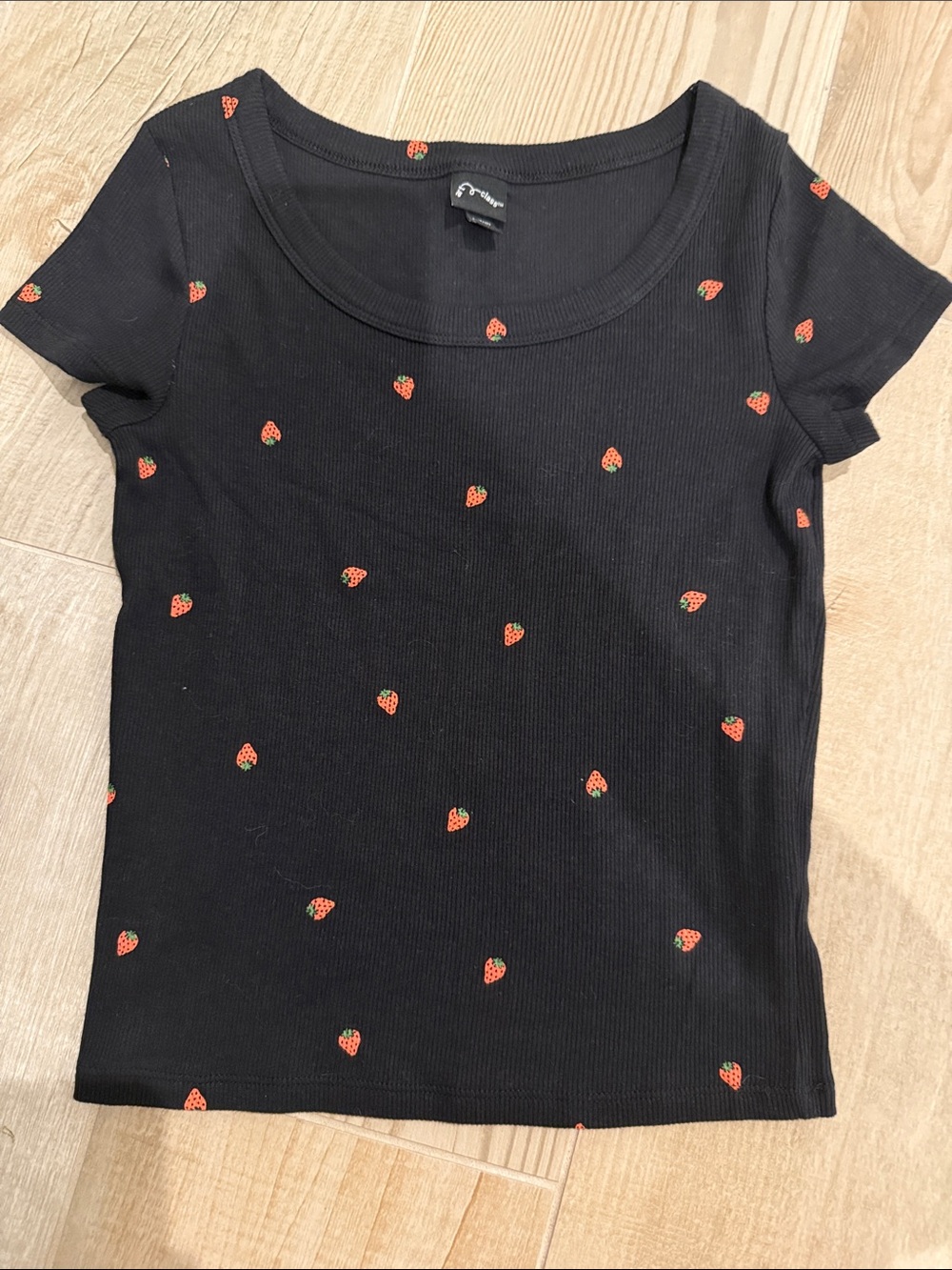 art class Black Tee with Red Strawberry Print